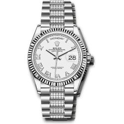  *Pre-Owned* Rolex White Gold Day-Date 36 Watch - Fluted Bezel - White Roman Dial - Diamond President Bracelet