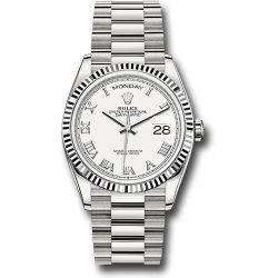 *Pre-Owned* Rolex White Gold Day-Date 36 Watch - Fluted Bezel - White Roman Dial - President Bracelet