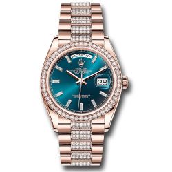  *Pre-Owned* Rolex Everose Gold Day-Date 36 Watch - Diamond Bezel - Blue-Green Dial - Diamond President Bracelet