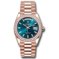  *Pre-Owned* Rolex Everose Gold Day-Date 36 Watch - Diamond Bezel - Blue-Green Dial - President Bracelet
