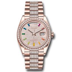  *Pre-Owned* Rolex Everose Gold Day-Date 36 Watch - Diamond Bezel - Diamond-Paved Rainbow Sapphire Dial - Diamond President Bracelet