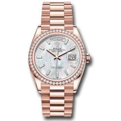  *Pre-Owned* Rolex Everose Gold Day-Date 36 Watch - Diamond Bezel - White Mother-Of-Pearl Dial - President Bracelet
