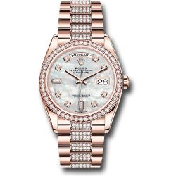  *Pre-Owned* Rolex Everose Gold Day-Date 36 Watch - Diamond Bezel - White Mother-Of-Pearl Diamond Dial - Diamond President Bracelet