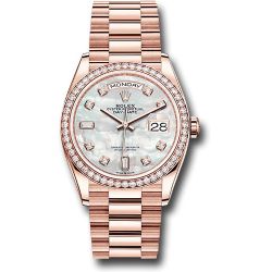  *Pre-Owned* Rolex Everose Gold Day-Date 36 Watch - Diamond Bezel - Mother-of-Pearl Diamond Dial - President Bracelet