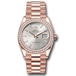 *Pre-Owned* Rolex Everose Gold Day-Date 36 Watch - Diamond Bezel - Silver Dial - President Bracelet