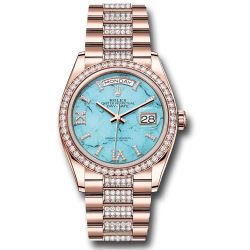  *Pre-Owned* Rolex Everose Gold Day-Date 36 Watch - Diamond Bezel - Turquoise Diamond Index Roman 9 Dial - Diamond President Bracelet