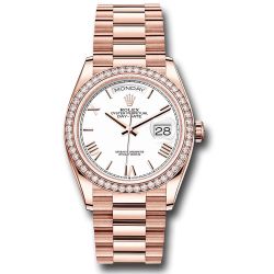  *Pre-Owned* Rolex Everose Gold Day-Date 36 Watch - Diamond Bezel - White Roman Dial - President Bracelet