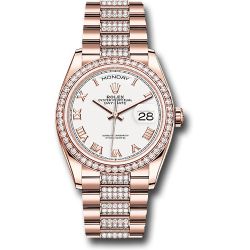  *Pre-Owned* Rolex Everose Gold Day-Date 36 Watch - Diamond Bezel - White Roman Dial - Diamond President Bracelet