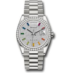  *Pre-Owned* Rolex White Gold Day-Date 36 Watch - Diamond Bezel - Diamond Paved Rainbow Sapphire Dial - President Bracelet
