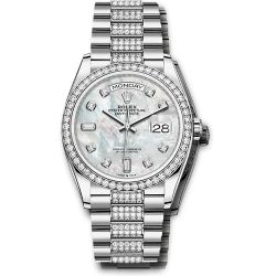  *Pre-Owned* Rolex White Gold Day-Date 36 Watch - Diamond Bezel - White Mother-Of-Pearl Diamond Dial - Diamond President Bracelet