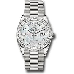  *Pre-Owned* Rolex White Gold Day-Date 36 Watch - Diamond Bezel - Mother-of-Pearl Diamond Dial - President Bracelet