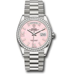  *Pre-Owned* Rolex White Gold Day-Date 36 Watch - Diamond Bezel - Pink Opal Diamond Hour Marker Dial - President Bracelet