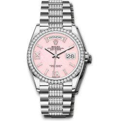  *Pre-Owned* Rolex White Gold Day-Date 36 Watch - Diamond Bezel - Pink Opal Diamond Index Roman 9 Dial - Diamond President Bracelet