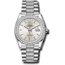  *Pre-Owned* Rolex White Gold Day-Date 36 Watch - Diamond Bezel - Silver Index Dial - Diamond President Bracelet