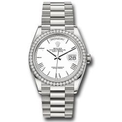  *Pre-Owned* Rolex White Gold Day-Date 36 Watch - Diamond Bezel - White Roman Dial - President Bracelet