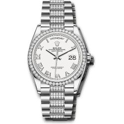  *Pre-Owned* Rolex White Gold Day-Date 36 Watch - Diamond Bezel - White Roman Dial - Diamond President Bracelet