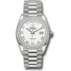  *Pre-Owned* Rolex White Gold Day-Date 36 Watch - Diamond Bezel - White Roman Dial - President Bracelet