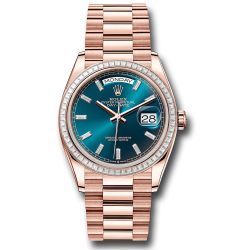  *Pre-Owned* Rolex Everose Gold Day-Date 36 Watch - Diamond Bezel - Blue-Green Dial - President Bracelet