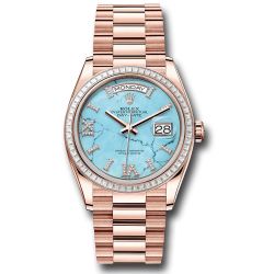  *Pre-Owned* Rolex Everose Gold Day-Date 36 Watch - Diamond Bezel - Turquoise Diamond Index Roman 9 Dial - President Bracelet