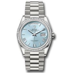  *Pre-Owned* Rolex Platinum Day-Date 36 Watch - Diamond Bezel - Ice Blue Roman Dial - President Bracelet