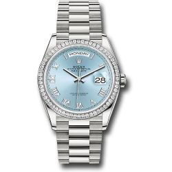  *Pre-Owned* Rolex Platinum Day-Date 36 Watch - Diamond Bezel - Ice Blue Roman Dial - President Bracelet