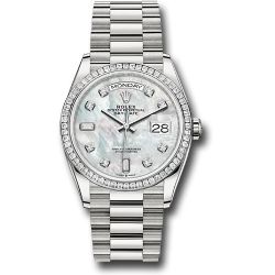  *Pre-Owned* Rolex Platinum Day-Date 36 Watch - Diamond Bezel - White Mother-Of-Pearl Diamond Dial - President Bracelet