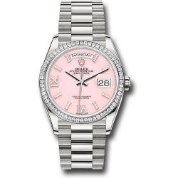  *Pre-Owned* Rolex Platinum Day-Date 36 Watch - Diamond Bezel - Pink Opal Diamond Index Roman 9 Dial - President Bracelet