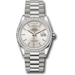  *Pre-Owned* Rolex Platinum Day-Date 36 Watch - Diamond Bezel - Silver Index Dial - President Bracelet