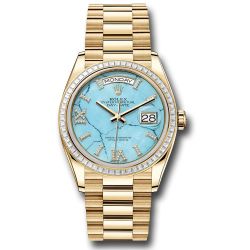  *Pre-Owned* Rolex Yellow Gold Day-Date 36 Watch - Diamond Bezel - Turquoise Diamond Index Roman 9 Dial - President Bracelet