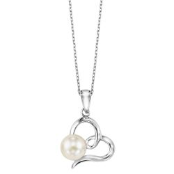 Front View Cultured White Pearl Sideways Ribbon Heart Pendant