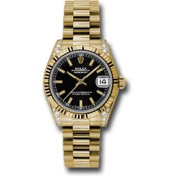  *Pre-Owned* Rolex Yellow Gold Datejust 31 Watch - Fluted Bezel - Black Index Dial - President Bracelet