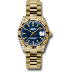  *Pre-Owned* Rolex Yellow Gold Datejust 31 Watch - Fluted Bezel - Blue Index Dial - President Bracelet