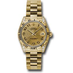  *Pre-Owned* Rolex Yellow Gold Datejust 31 Watch - Fluted Bezel - Champagne Concentric Circle Arabic Dial - President Bracelet