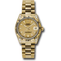  *Pre-Owned* Rolex Yellow Gold Datejust 31 Watch - Fluted Bezel - Champagne Index Dial - President Bracelet