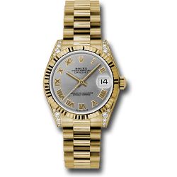  *Pre-Owned* Rolex Yellow Gold Datejust 31 Watch - Fluted Bezel - Gray Roman Dial - President Bracelet