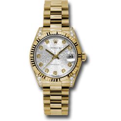   *Pre-Owned* Rolex Yellow Gold Datejust 31 Watch - Fluted Bezel - Silver Jubilee Diamond Dial - President Bracelet
