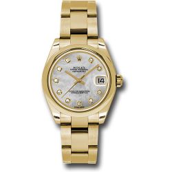  *Pre-Owned* Rolex Yellow Gold Datejust 31 Watch - Domed Bezel - White Mother-Of-Pearl Diamond Dial - Oyster Bracelet