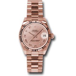 *Pre-Owned* Rolex Pink Gold Datejust 31 Watch - Fluted Bezel - Pink Champagne Roman Dial - President Bracelet