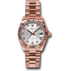   *Pre-Owned* Rolex Pink Gold Datejust 31 Watch - Fluted Bezel - Silver Jubilee Diamond Dial - President Bracelet