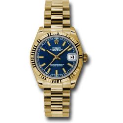  *Pre-Owned* Rolex Yellow Gold Datejust 31 Watch - Fluted Bezel - Blue Index Dial - President Bracelet