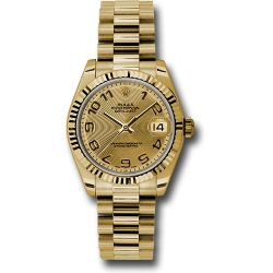  *Pre-Owned* Rolex Yellow Gold Datejust 31 Watch - Fluted Bezel - Champagne Concentric Circle Arabic Dial - President Bracelet
