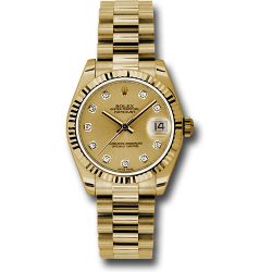  *Pre-Owned* Rolex Yellow Gold Datejust 31 Watch - Fluted Bezel - Champagne Diamond Dial - President Bracelet