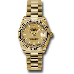 *Pre-Owned* Rolex Yellow Gold Datejust 31 Watch - Fluted Bezel - Champagne Index Dial - President Bracelet