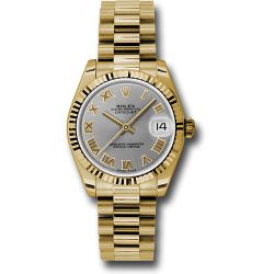  *Pre-Owned* Rolex Yellow Gold Datejust 31 Watch - Fluted Bezel - Gray Roman Dial - President Bracelet