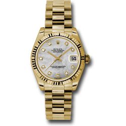  *Pre-Owned* Rolex Yellow Gold Datejust 31 Watch - Fluted Bezel - Mother-Of-Pearl Diamond Dial - President Bracelet