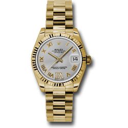  *Pre-Owned* Rolex Yellow Gold Datejust 31 Watch - Fluted Bezel - Silver Diamond Roman Vi Roman Dial - President Bracelet