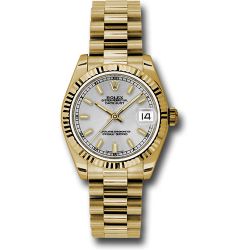  *Pre-Owned* Rolex Yellow Gold Datejust 31 Watch - Fluted Bezel - Silver Diamond Roman Vi Index Dial - President Bracelet