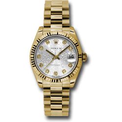  *Pre-Owned* Rolex Yellow Gold Datejust 31 Watch - Fluted Bezel - Silver Jubilee Diamond Dial - President Bracelet