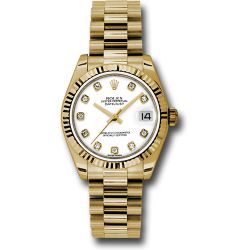  *Pre-Owned* Rolex Yellow Gold Datejust 31 Watch - Fluted Bezel - White Diamond Dial - President Bracelet
