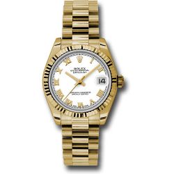  *Pre-Owned* Rolex Yellow Gold Datejust 31 Watch - Fluted Bezel - White Roman Dial - President Bracelet